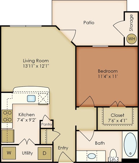 Floor plan for 1 bed, 1 bath, 625 sqft